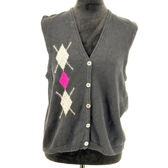 2/$18 SALE! Vtg Argyle Sweater Vest Womens S Academia V Neck‎ Oversized Preppy - Picture 1 of 8